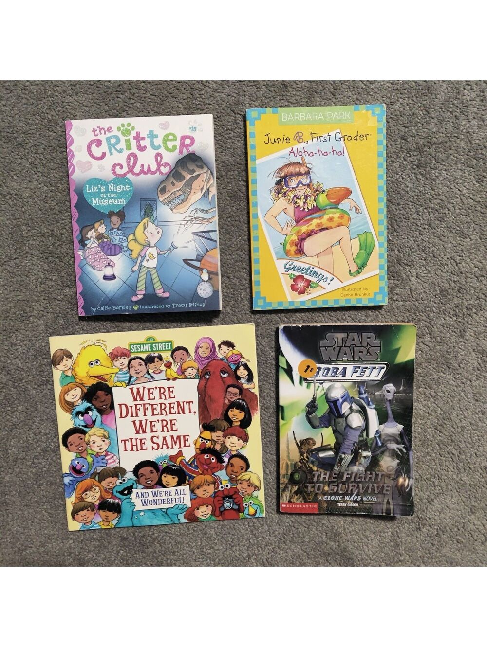 Lot of 4 Children's Books Star Wars Boba Fett Junie B Jones Critter Club Sesame